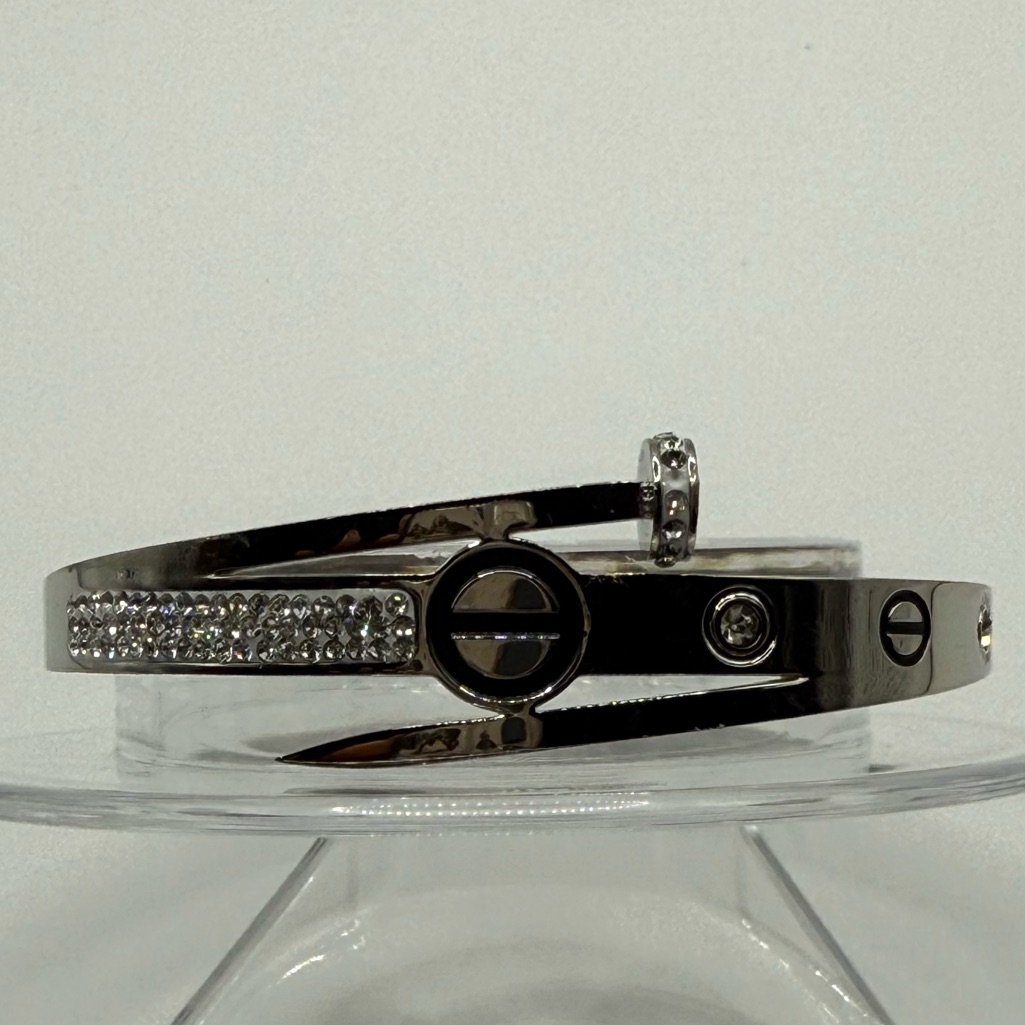 Luxury Silver Tone And Black Bangle Bracelet With Crystals Stainless Steel New